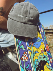 Gray cap with 'RESPECT THE LOCALS' text on a colorful skateboard